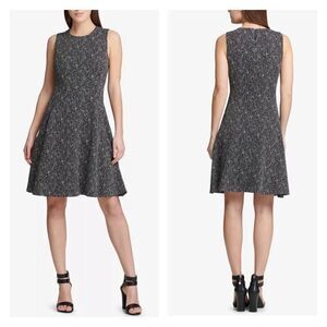 DKNY Women's Tweed Crew Neck Sleeveless Fit & Flare Dress Black White tweed Smal